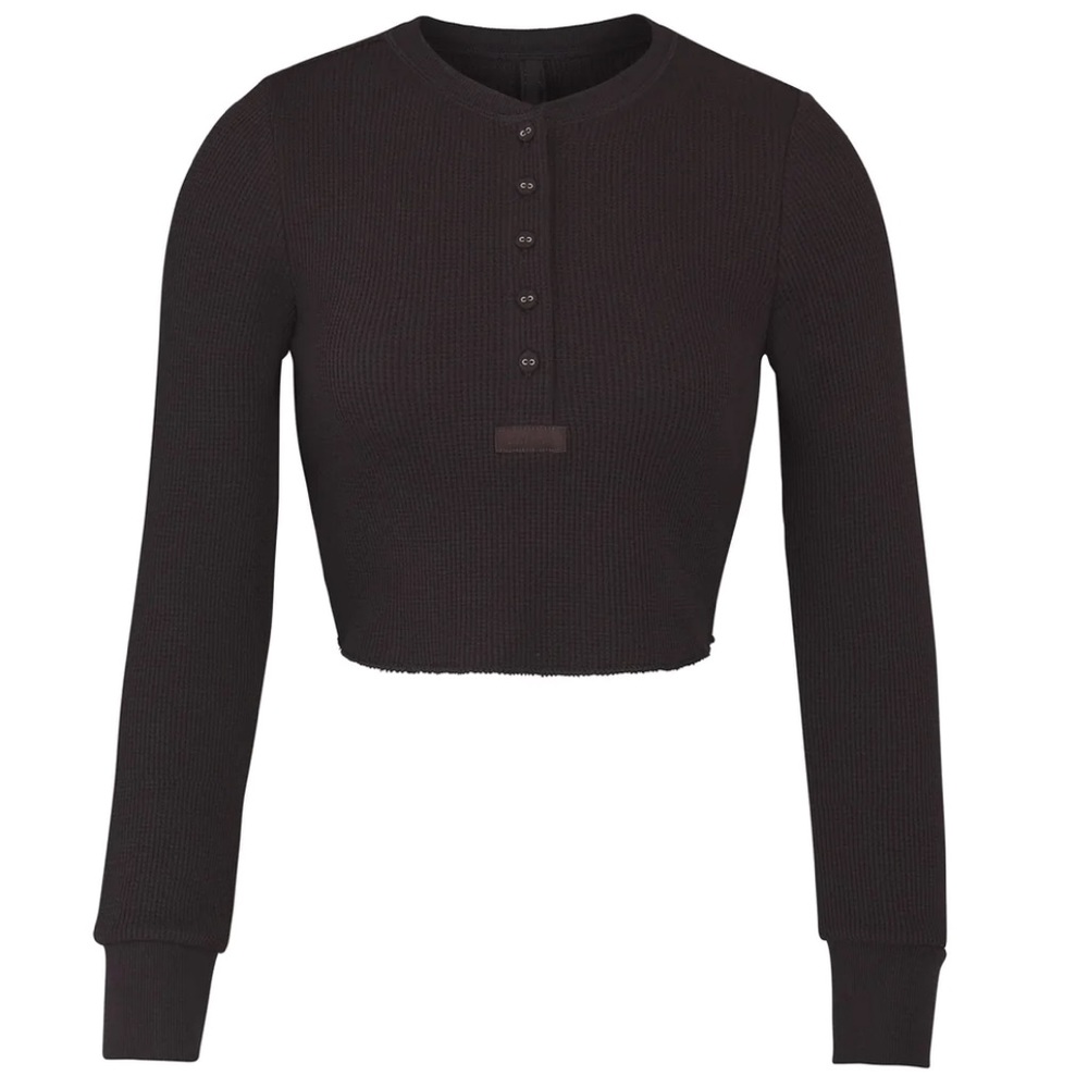 Waffle long sleeve crop henley - Dark chocolate